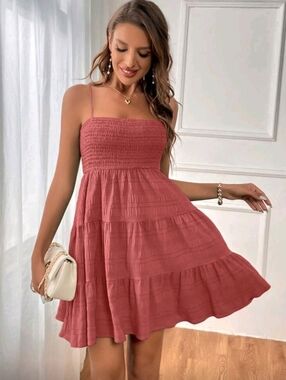 SHEIN Dusty Rose Smocked Tiered Spaghetti Strap Mini Dress